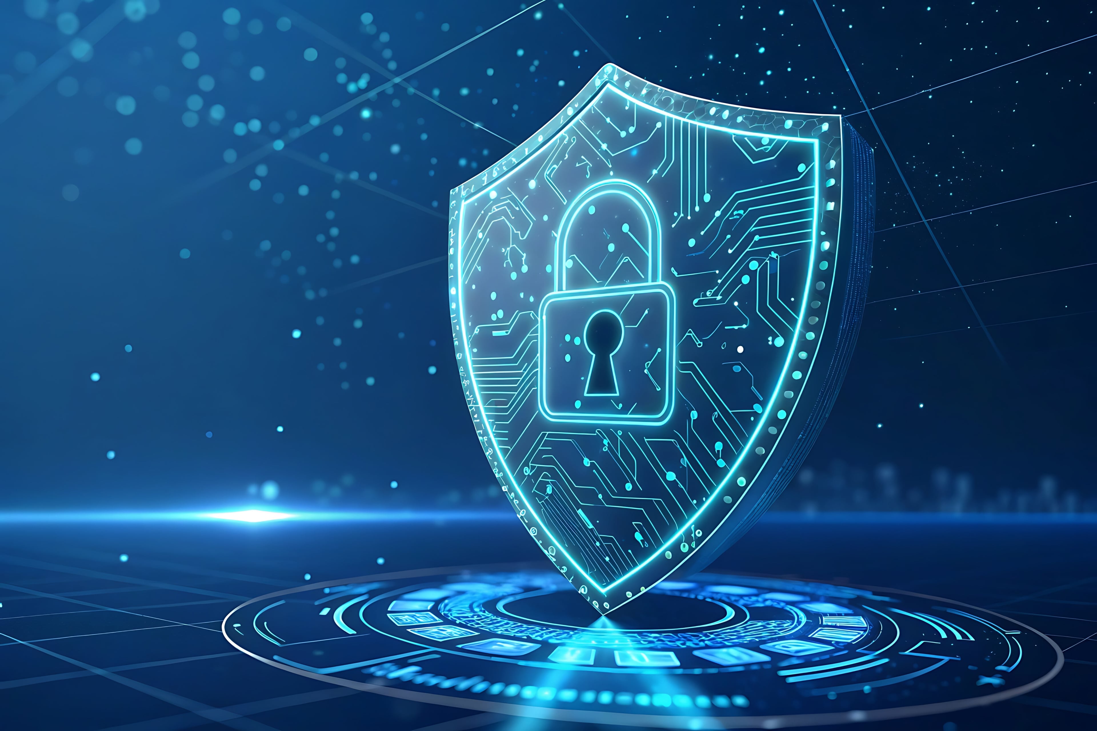 Futuristic holographic cybersecurity shield representing ComplianceGuard OS protection